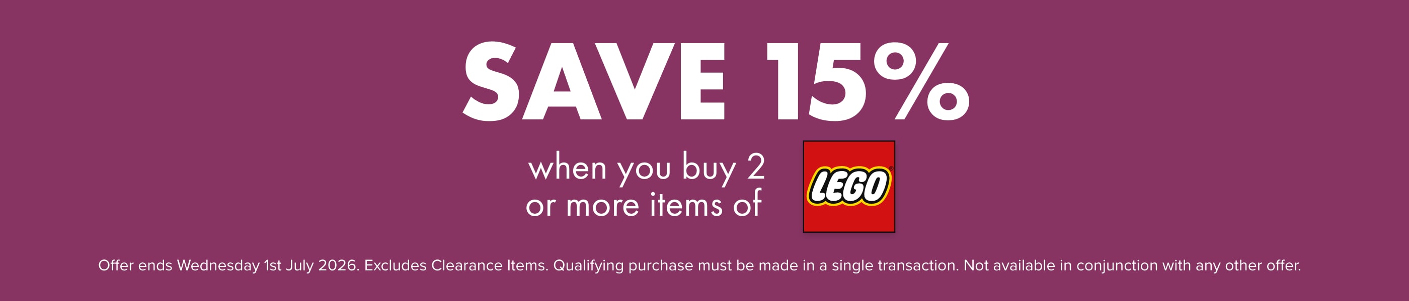Save 15% when you buy 2 or more items of LEGO&reg;