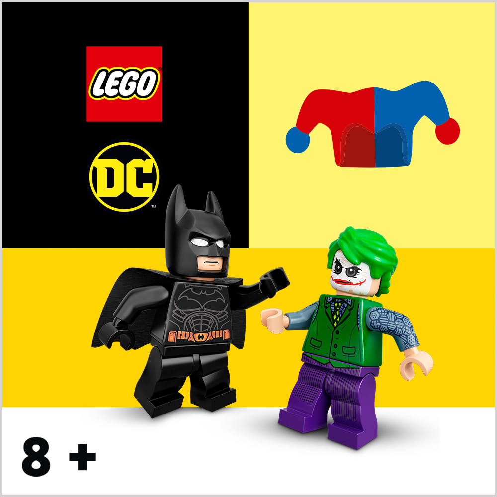 Lego and DC logo with jocker and batman lego figures