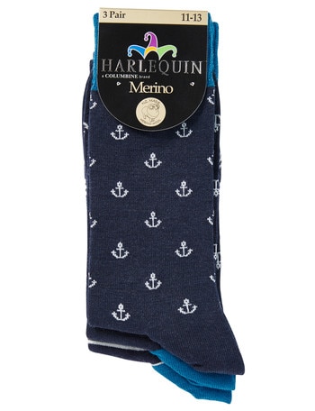 Harlequin Merino Wool Sock, 3-Pack, Anchor, Stripe & Navy product photo