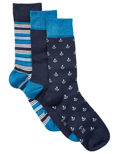 Harlequin Merino Wool Sock, 3-Pack, Anchor, Stripe & Navy product photo View 02 L