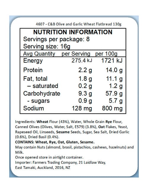 Cartwright & Butler Olive And Garlic Wheat Flat Bread, 130g product photo View 02 L