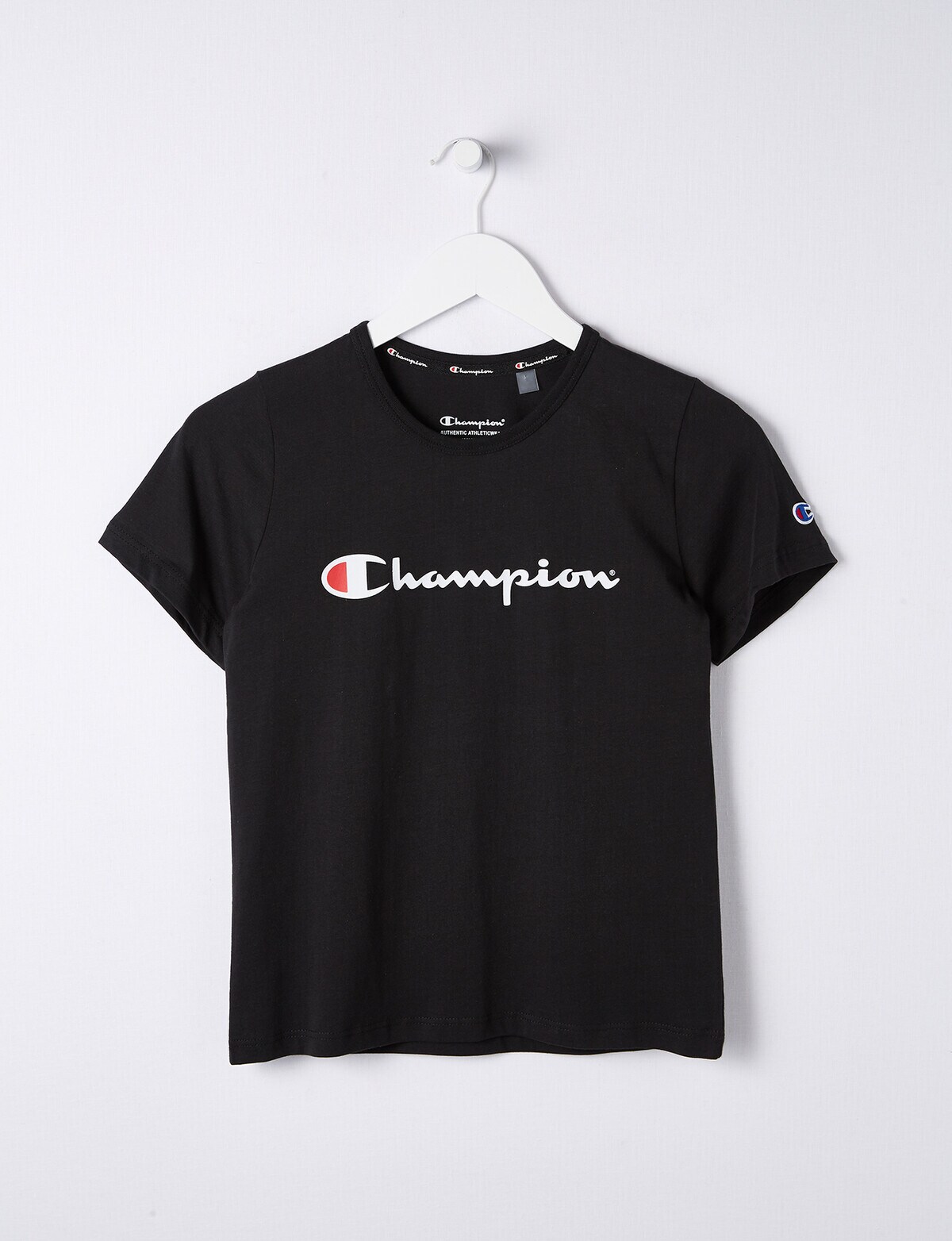 Champion Script Short Sleeve Tee, Black - Childrens Clearance