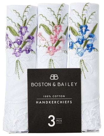 Boston + Bailey Posie Embroidered Handkerchiefs, 3-Pack, White product photo