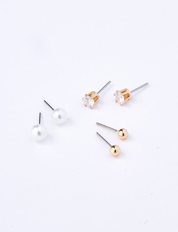 Earsense Large Imitation Gold Ball, CZ & Faux Pearl Stud Earring Trio product photo
