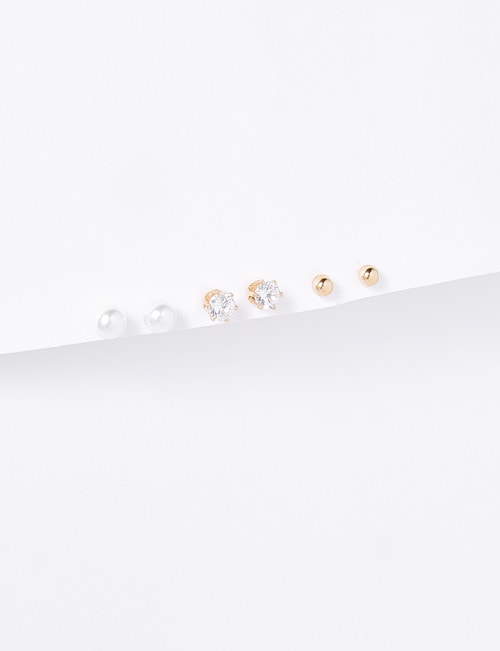 Earsense Large Imitation Gold Ball, CZ & Faux Pearl Stud Earring Trio product photo View 02 L