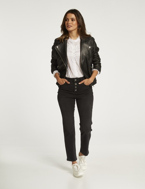 Whistle Long-Sleeve Leather Biker Jacket, Black product photo View 03 L