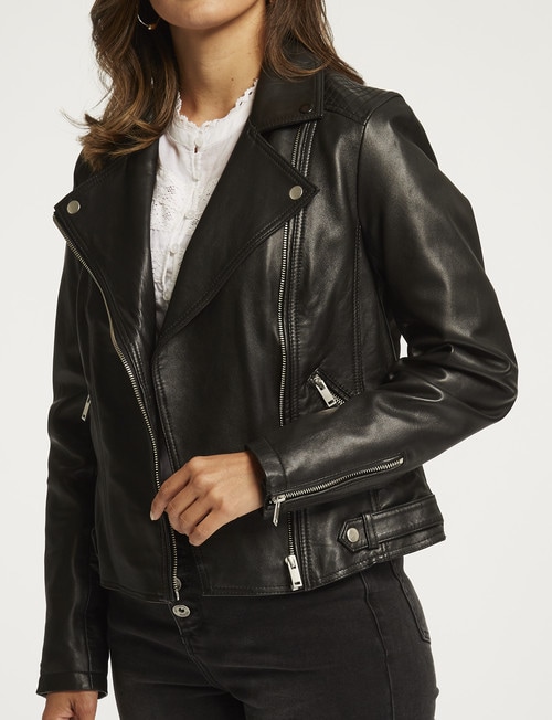 Whistle Long-Sleeve Leather Biker Jacket, Black product photo View 05 L