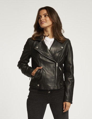 Whistle Long-Sleeve Leather Biker Jacket, Black product photo