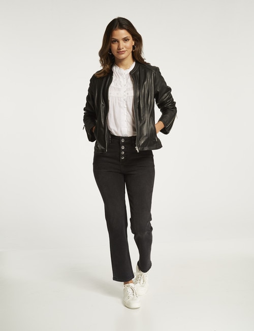 Whistle Long-Sleeve Leather Zip-Thru Jacket, Black product photo View 03 L