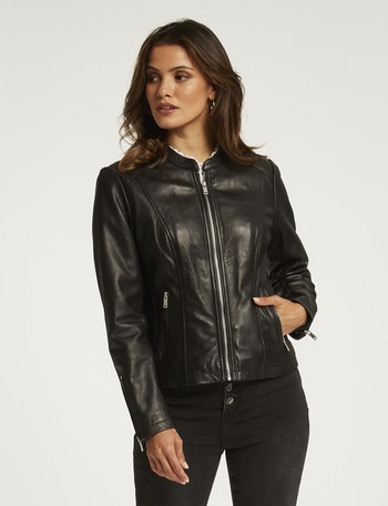 Whistle Long-Sleeve Leather Zip-Thru Jacket, Black product photo