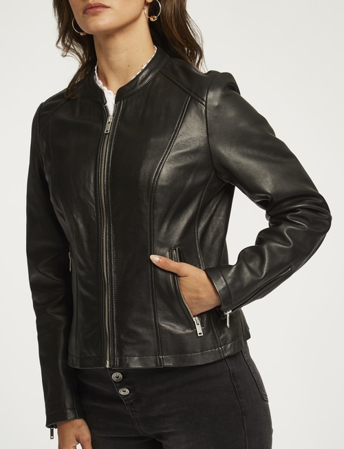 Whistle Long-Sleeve Leather Zip-Thru Jacket, Black product photo View 05 L
