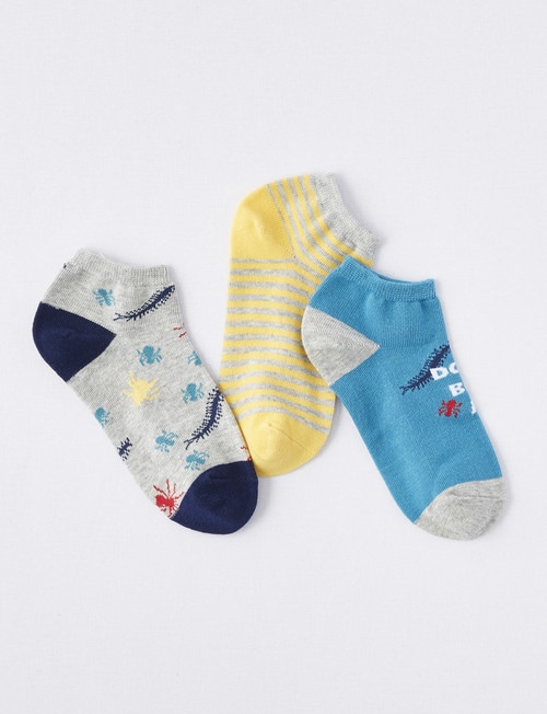 Simon De Winter Bugs Trainer Sock, 3-Pack, Blue, Grey & Yellow product photo