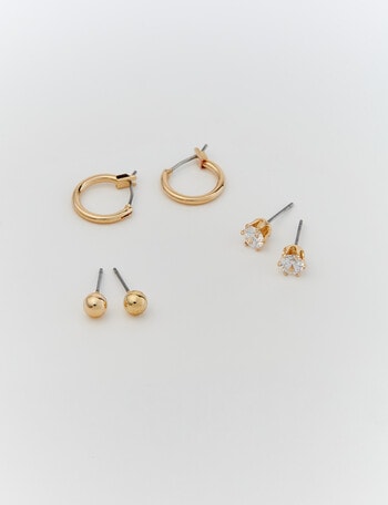 Earsense Imitation Gold Ball, Cubic Zirconia & 15mm Hoop Earring Trio product photo
