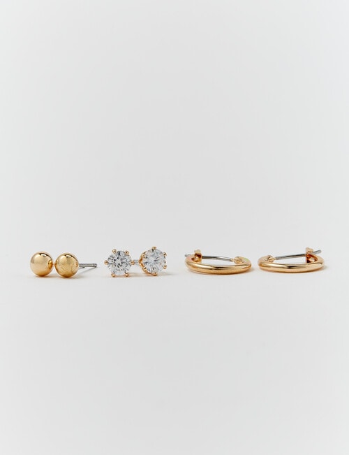 Earsense Imitation Gold Ball, Cubic Zirconia & 15mm Hoop Earring Trio product photo View 02 L