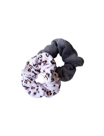 Simply Essential Towelling Scrunchies, Charcoal and Leopard, Set-of-2 product photo