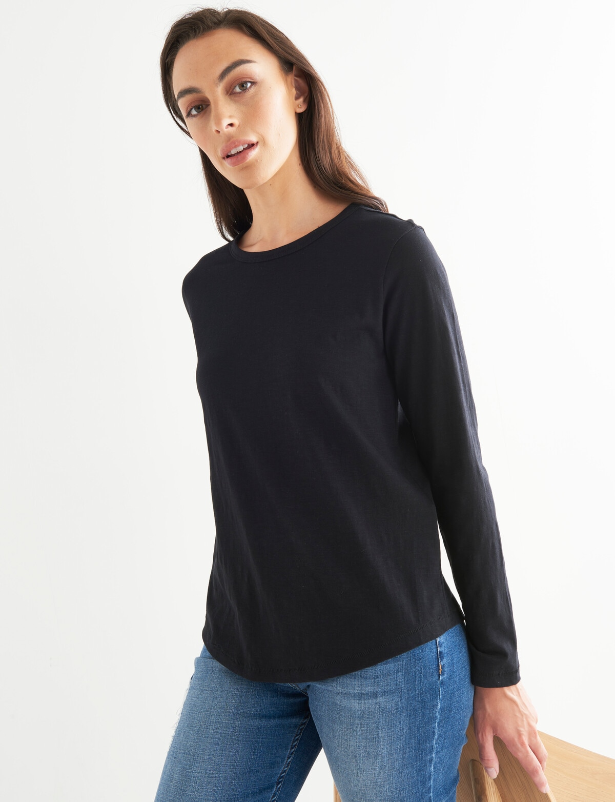 Zest Organic Cotton Long Sleeve Tee, Black Tops