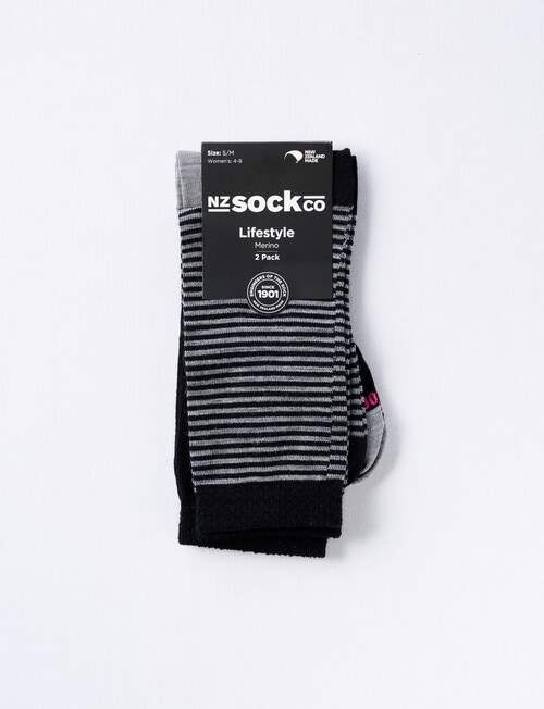 NZ Sock Co. Merino Crew Sock, 2-Pack, Black & Grey Stripe, 4-9 product photo View 02 L