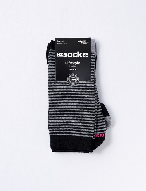 NZ Sock Co. Merino Crew Sock, 2-Pack, Black & Grey Stripe, 9-11 product photo View 02 L