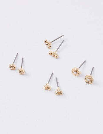 Whistle Accessories Detailed Stud Earrings, 4-Pair Set, Imitation Gold product photo