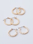 Whistle Accessories Hammered Hoop Earrings, 3-Pair Set, Imitation Gold product photo View 02 S