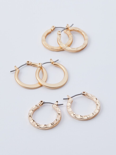 Whistle Accessories Hammered Hoop Earrings, 3-Pair Set, Imitation Gold product photo View 02 L
