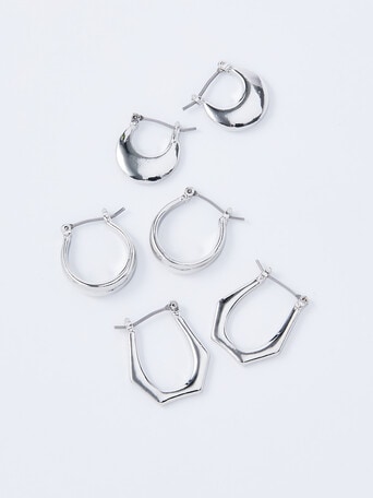 Whistle Accessories Assorted Shape Hoop Earrings, 3-Pair Set, Imitation Silver product photo