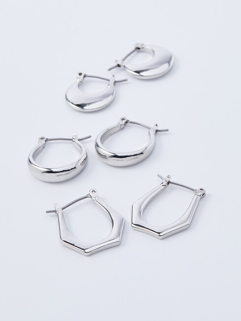 Whistle Accessories Assorted Shape Hoop Earrings, 3-Pair Set, Imitation Silver product photo View 02 L