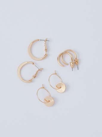 Whistle Accessories Hoop Disc Earrings, 3-Pair Set, Imitation Gold product photo