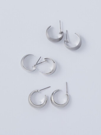 Whistle Accessories Dome Hoop Earrings, 3-Pair Set, Imitation Silver product photo