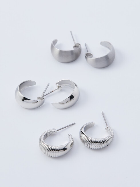 Whistle Accessories Dome Hoop Earrings, 3-Pair Set, Imitation Silver product photo View 02 L