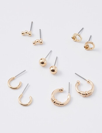 Whistle Accessories Stud Knot Hoop Earrings, 5-Pair Set, Imitation Gold product photo