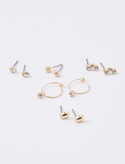 Whistle Accessories Teardrop Crystal Stud Hoop Earrings, 5-Pair Set, Imitation Gold product photo View 02 L