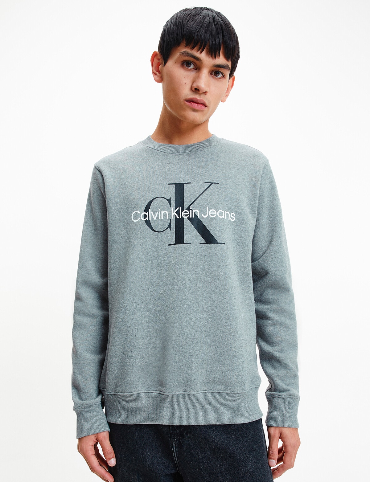 Calvin Klein Monogram Logo Sweatshirt, Grey - Sweatshirts & Hoodies