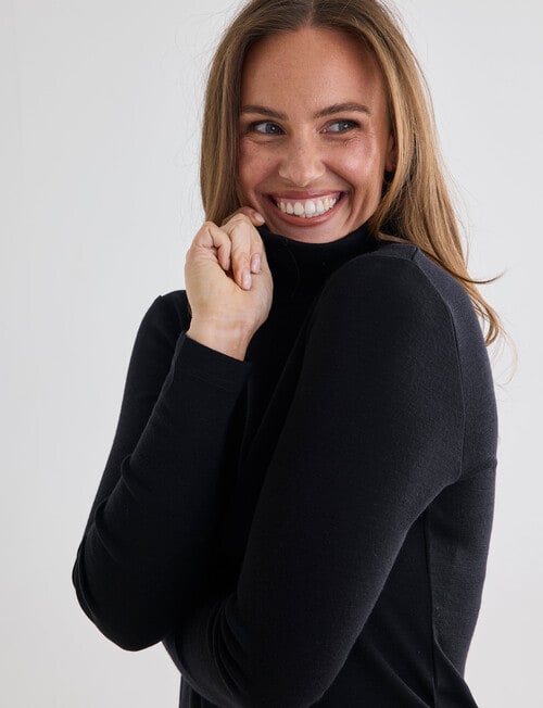 North South Merino Long Sleeve Roll Neck Top, Black product photo