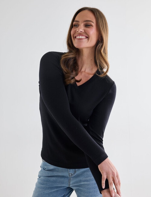 North South Merino Long Sleeve V-Neck Top, Black - Knitwear