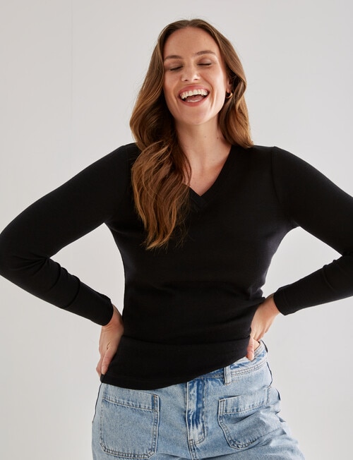 North South Merino Long Sleeve V Neck Top, Black product photo