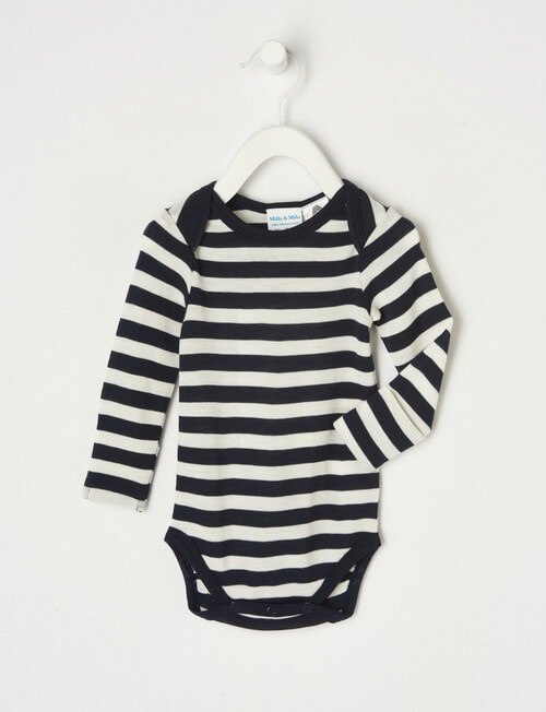 Milly & Milo Essentials Merino Long-Sleeve Bodysuit, Navy Blue Stripe product photo