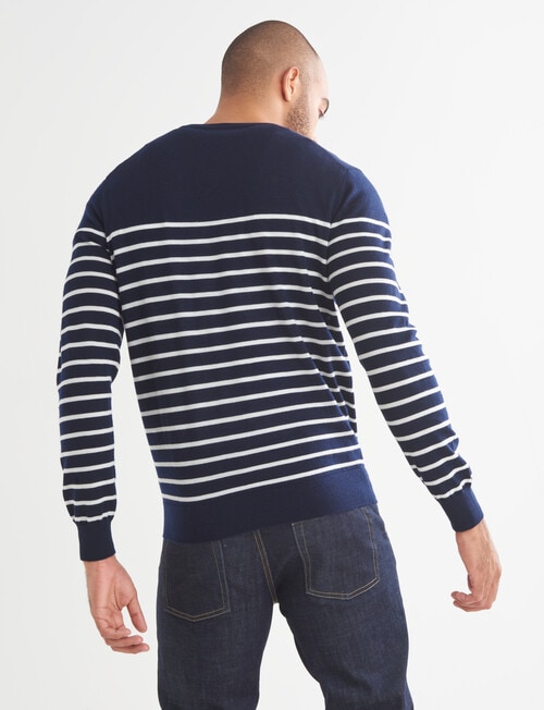 North South Merino Crew Neck Stripe Jumper, Navy - Mens Clearance