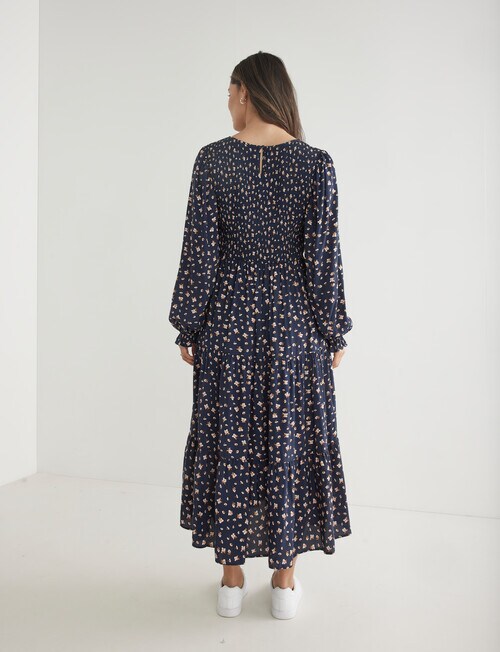 Whistle Floral Long Sleeve Shirred Midi Dress, Navy Dresses