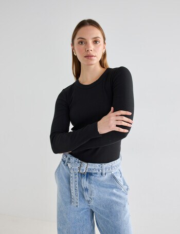 Mineral Hazel Rib Crew Long Sleeve Top, Black product photo