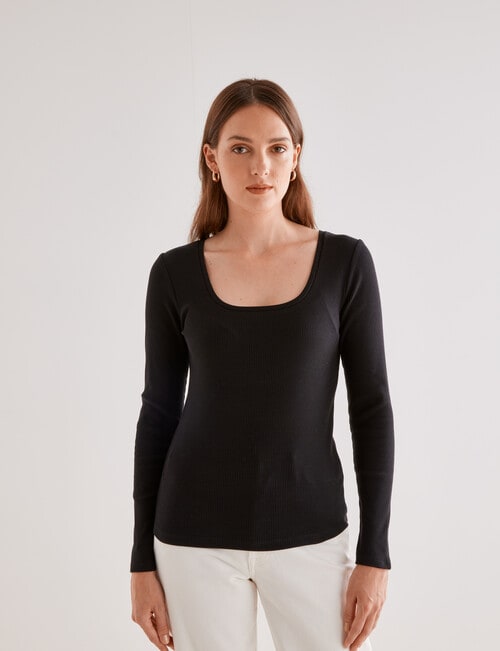 Mineral Hazel Rib Scoop Neck Long Sleeve Top, Black product photo View 05 L