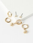 Whistle Starburst Huggie Earrings, 3-Piece Set, Imitation Gold product photo