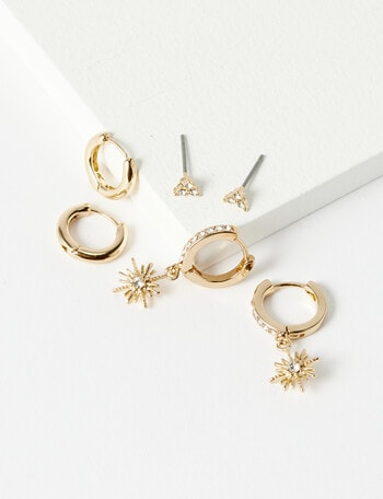 Whistle Starburst Huggie Earrings, 3-Piece Set, Imitation Gold product photo