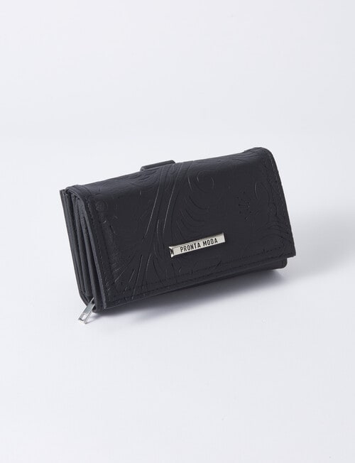Pronta Moda Floral Embossed Medium Flap Wallet, Black product photo