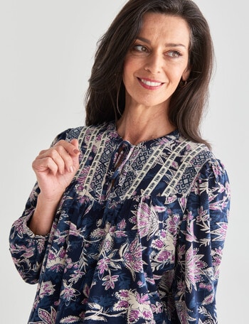 Ella J Floral Embroidery Detail Top, Navy product photo