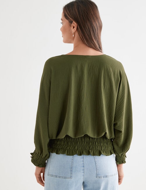 Whistle Three-Quarter Shirred Hem Top, Olive product photo View 02 L