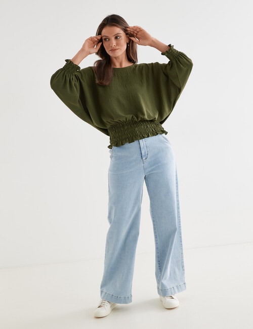 Whistle Three-Quarter Shirred Hem Top, Olive product photo View 03 L