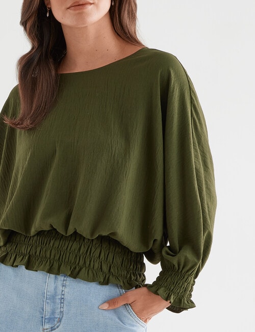 Whistle Three-Quarter Shirred Hem Top, Olive product photo View 04 L