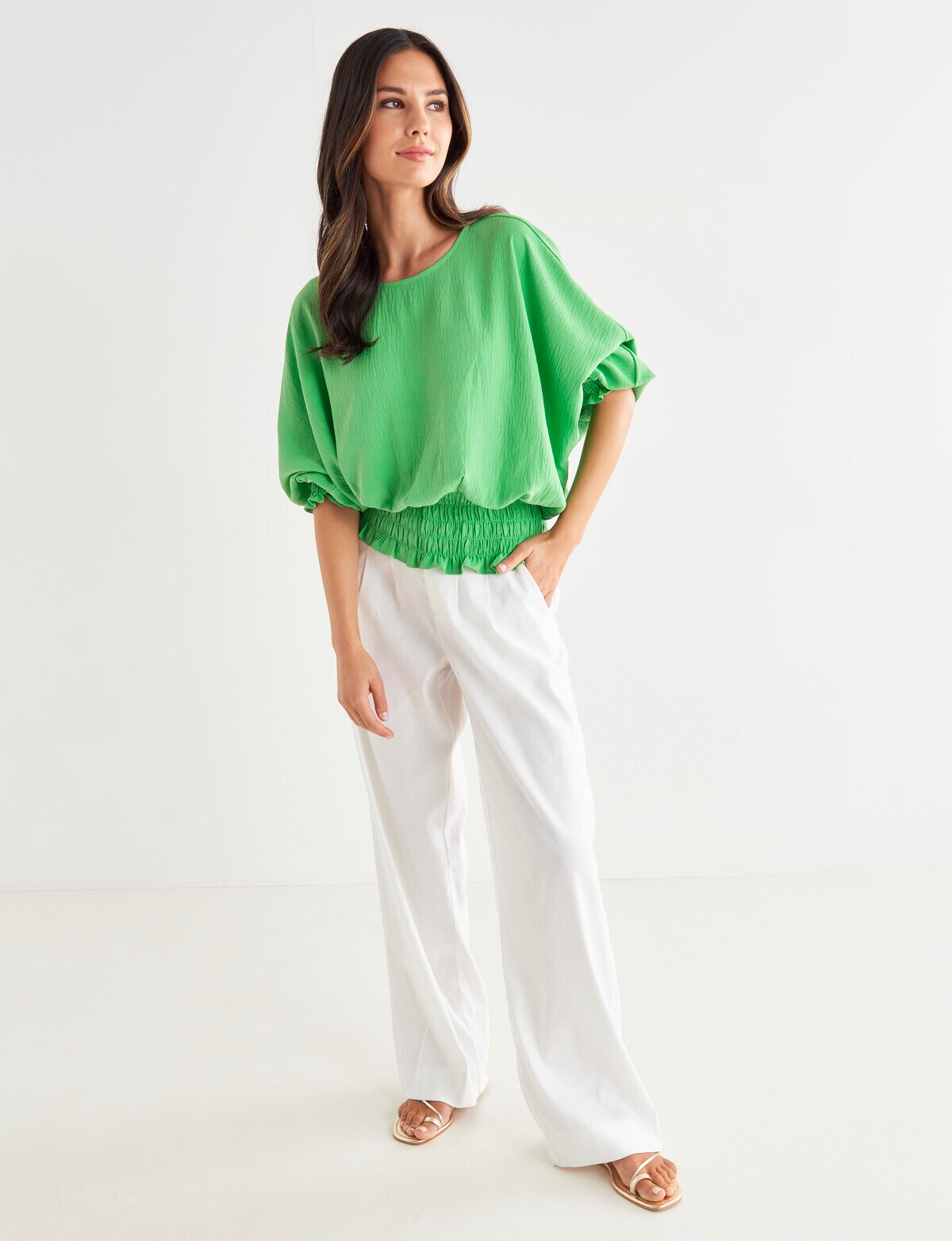 Whistle 3/4 Sleeve Shirred Hem Top, Lime - Tops