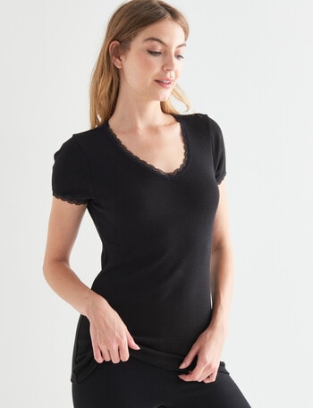 Essence Thermals Merino Cotton Lace Trim Short Sleeve Top, Black product photo